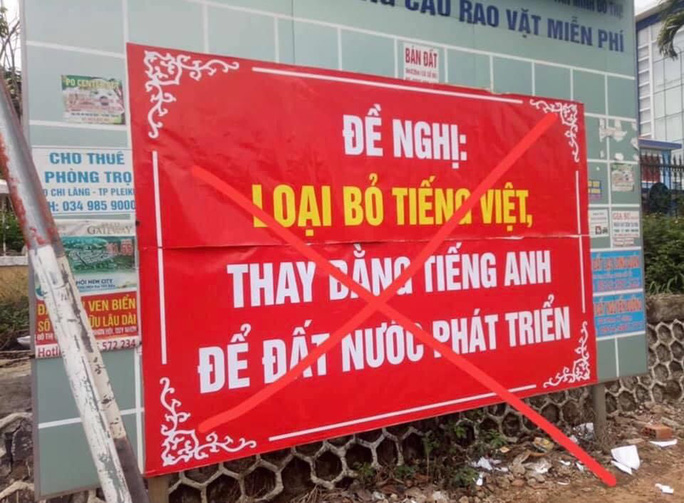 Treo băng rôn đề nghị loại bỏ tiếng Việt, 1 cựu giáo viên bị công an mời lên làm việc